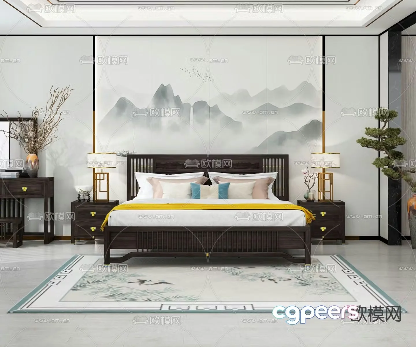 Chinese double bed solid wood bed 3d model