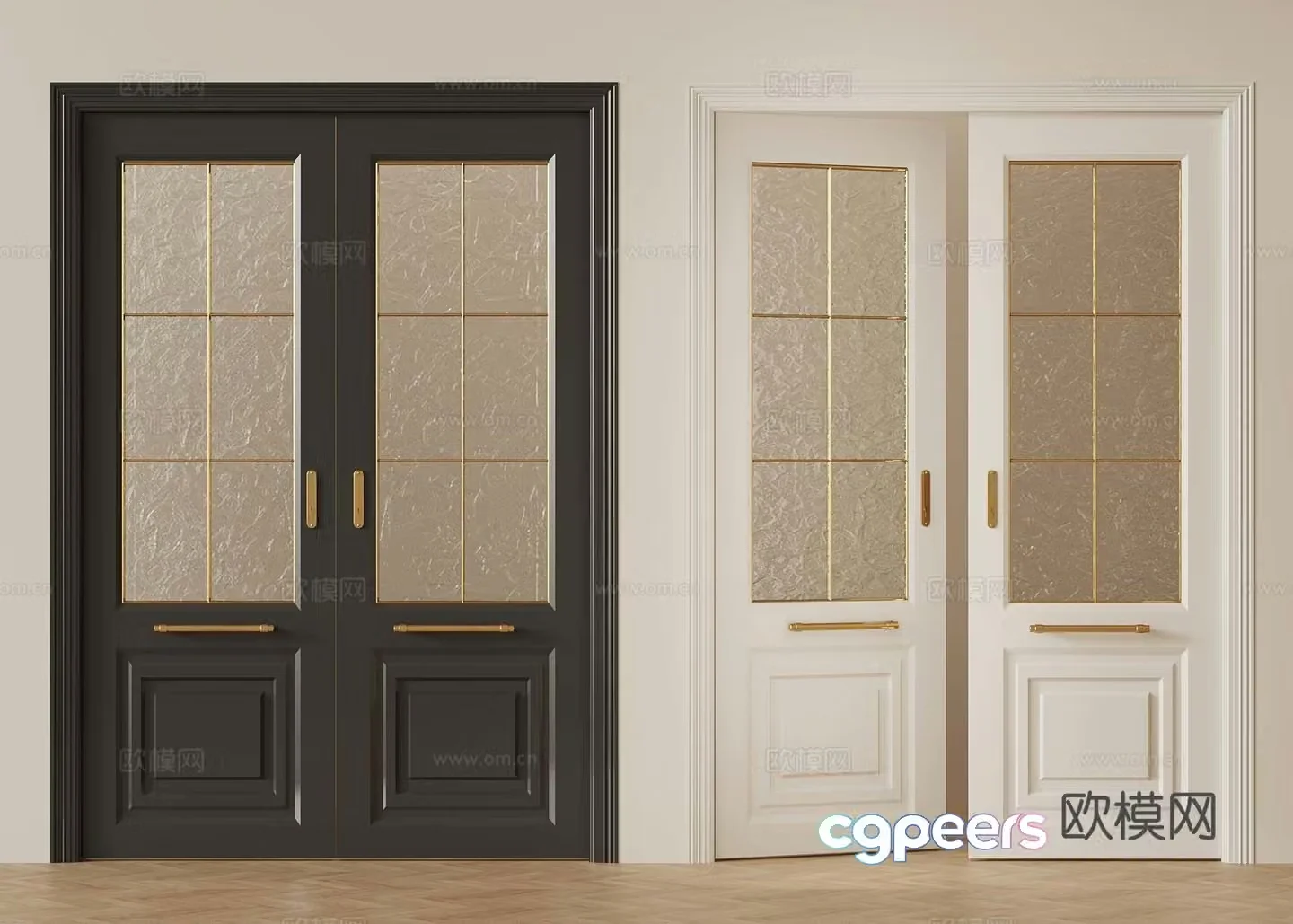 French cream style double door glass double door 3D model