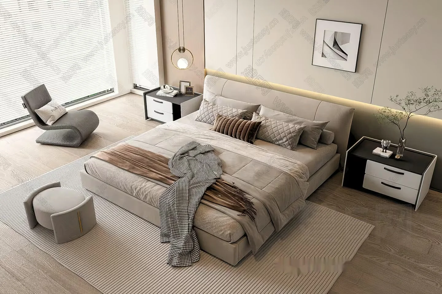 Modern Light-Colored Bedroom 3D Model – 17663 – VRAY Render