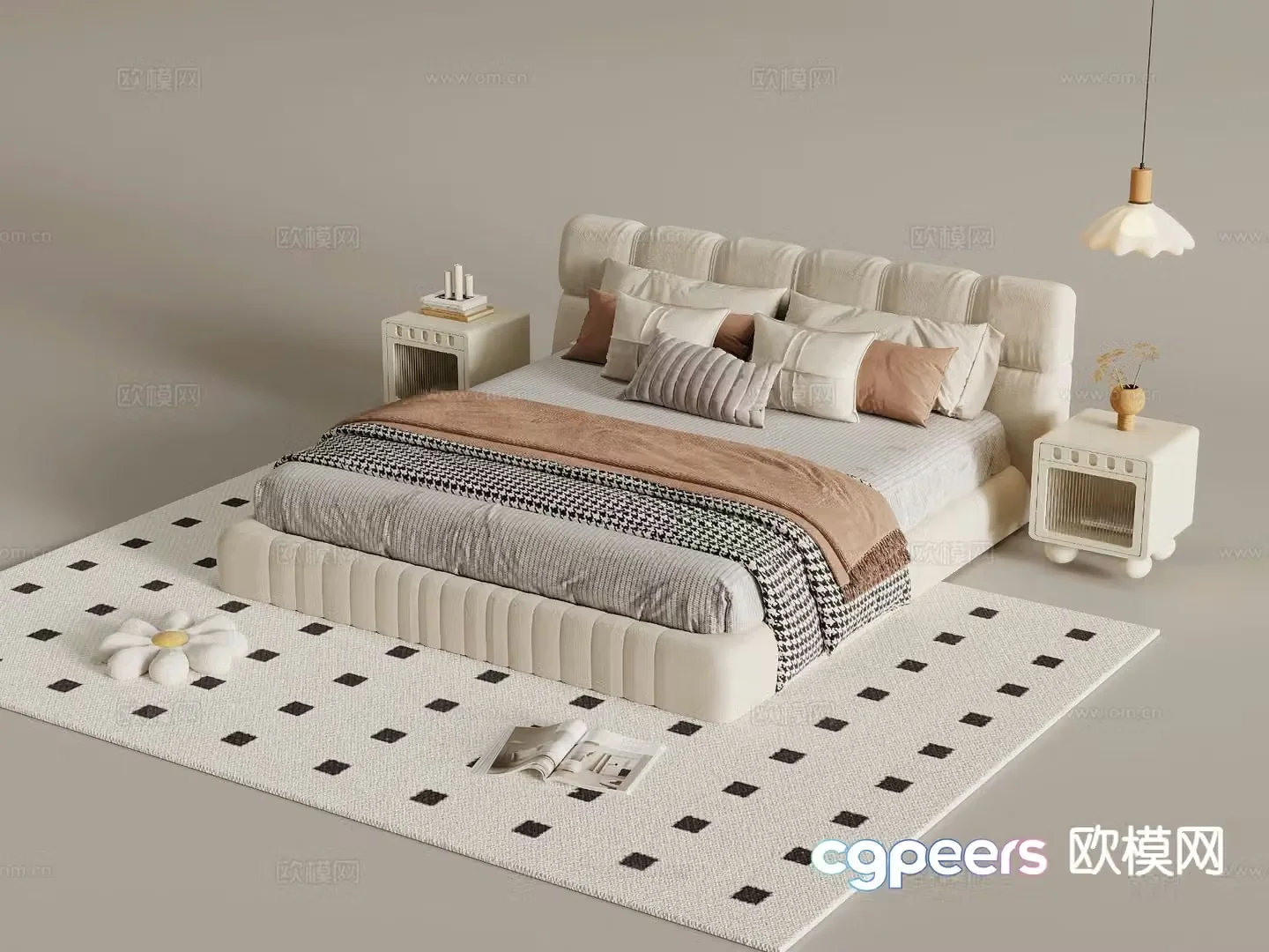 Cream style double bed 3d model
