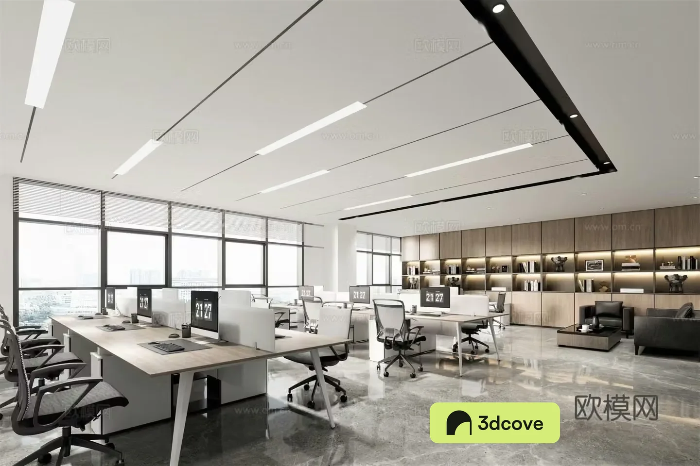 Modern open office area Office desk chair Office bookcase Small open office