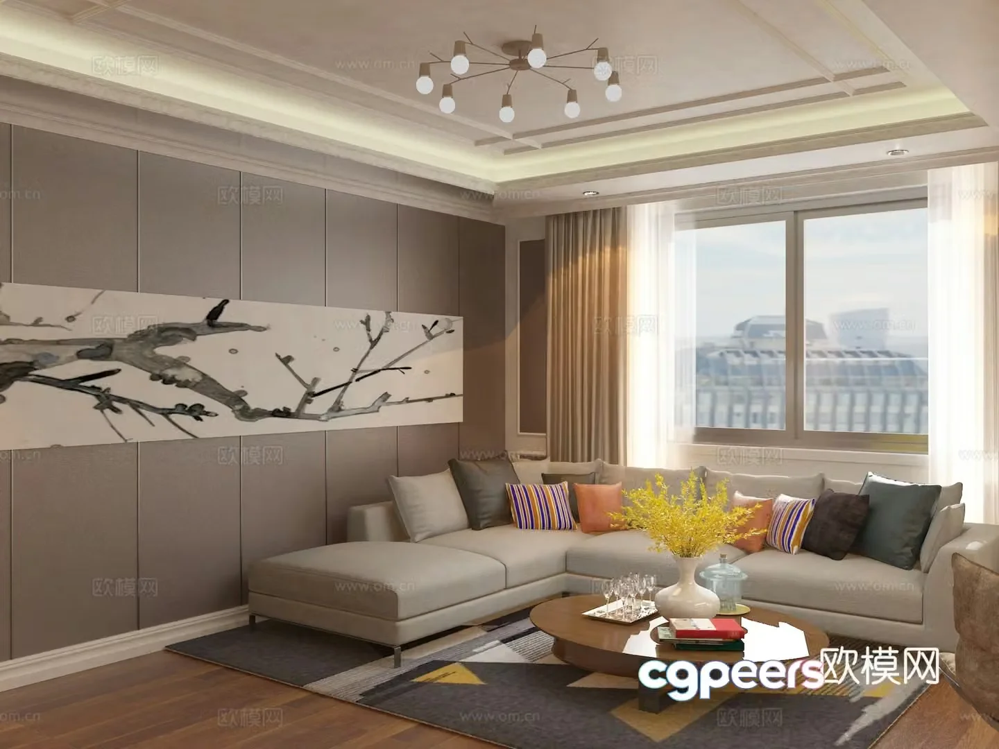 Modern living room TV background wall sofa coffee table combination wall panel 3d model