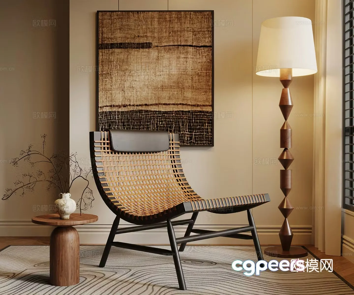 Medium style leisure chair floor lamp side table decorative painting 3D model