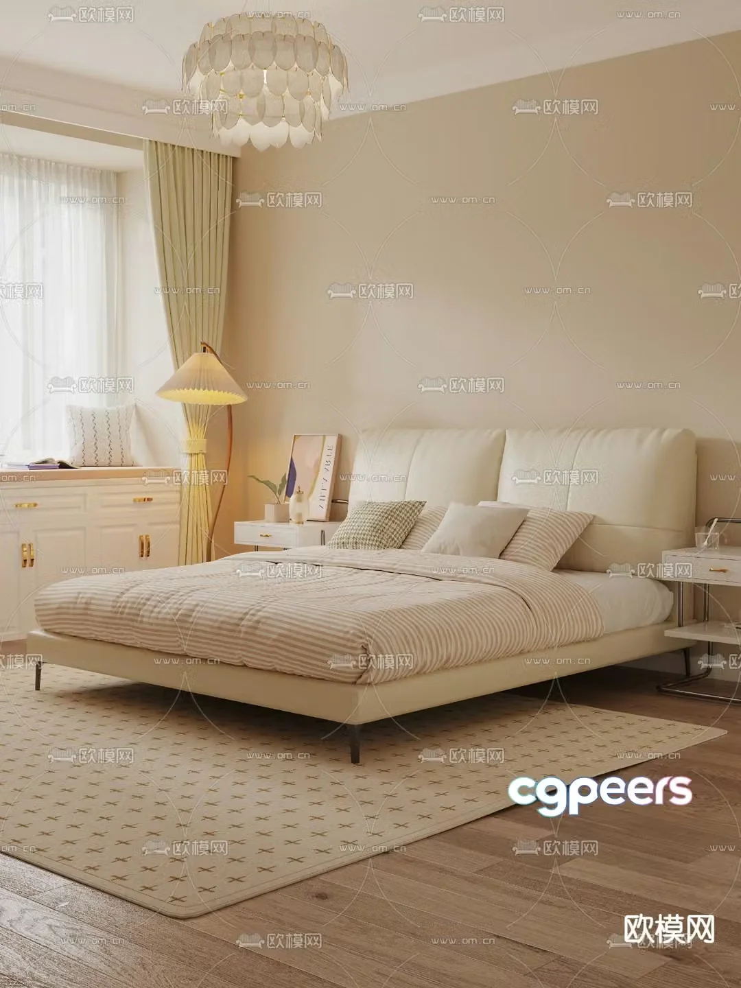 Cream style double bed 3d model
