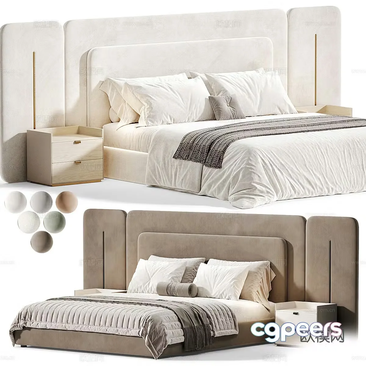 Modern cream style fabric double bed 3d model