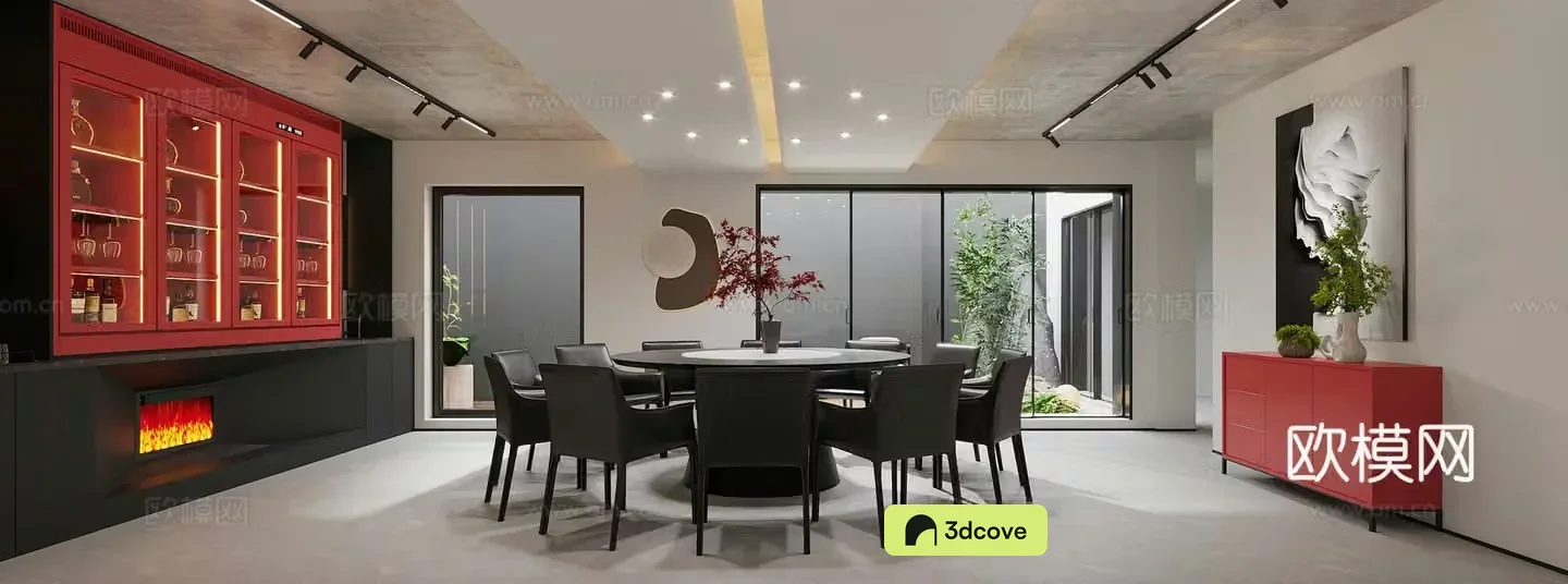 Minimalist private room restaurant Minimalist wine cabinet fireplace Sideboard Minimalist abstract painting Wall decoration Round dining