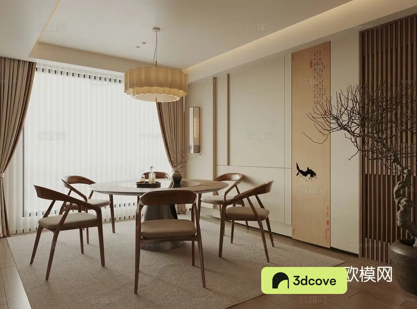 Song style restaurant New Chinese style restaurant Round dining table and chair combination chandeliers curtains Background wall