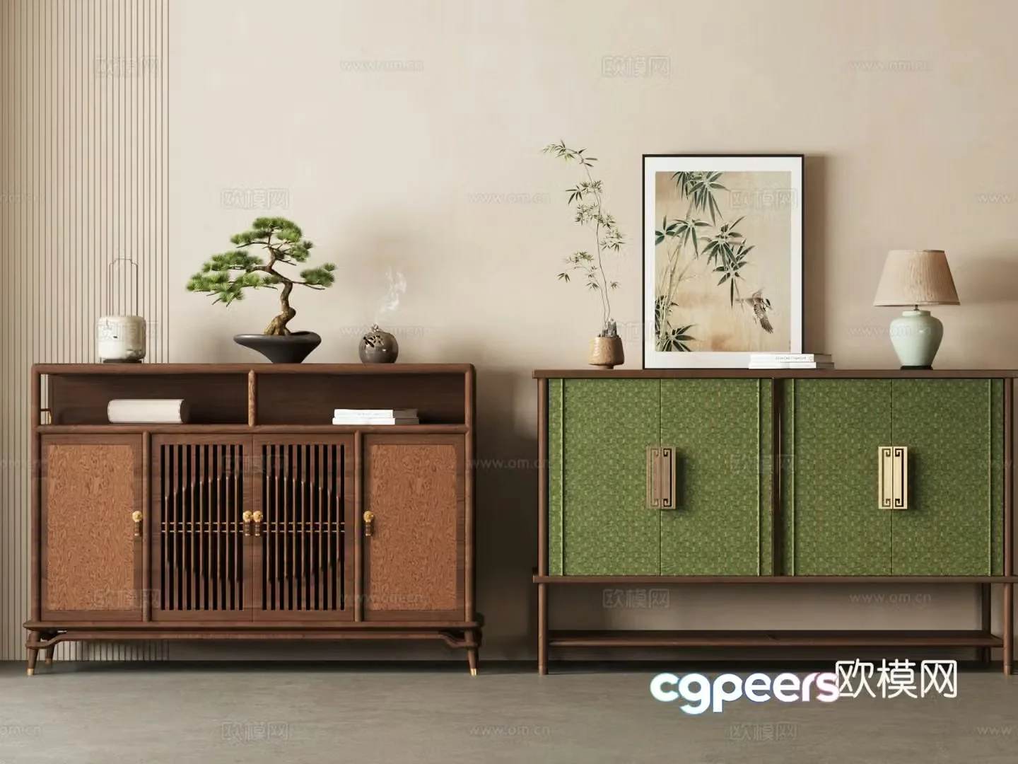 New Chinese style chest of drawers side cabinet ornament combination Polygonum potted plant 3D model