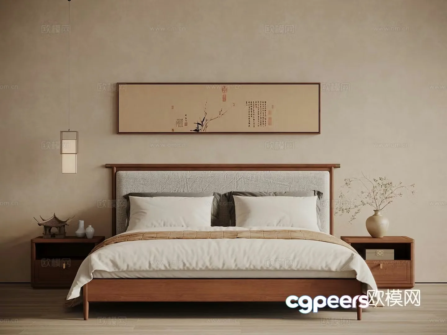 Middle style New Chinese style bed nightstand bedside chandelier 3d model