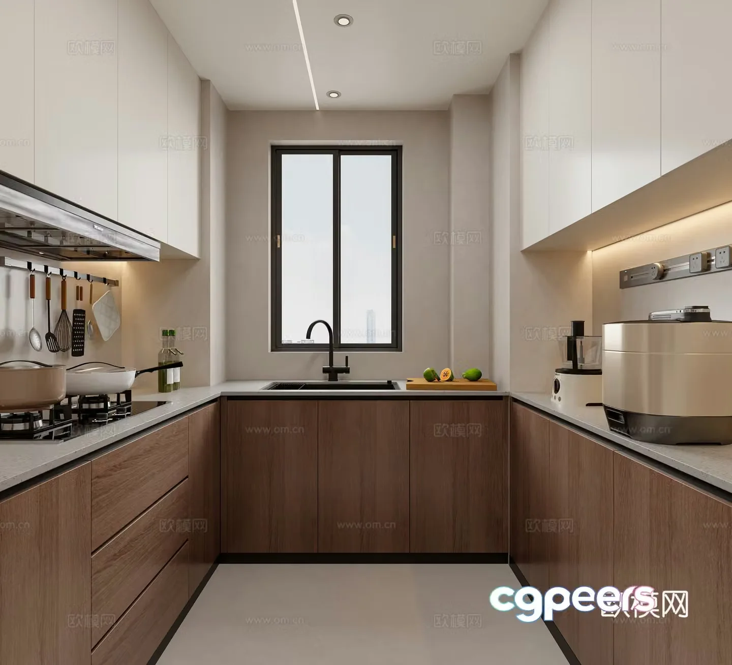 Creamy medieval style U-shaped kitchen 3d model