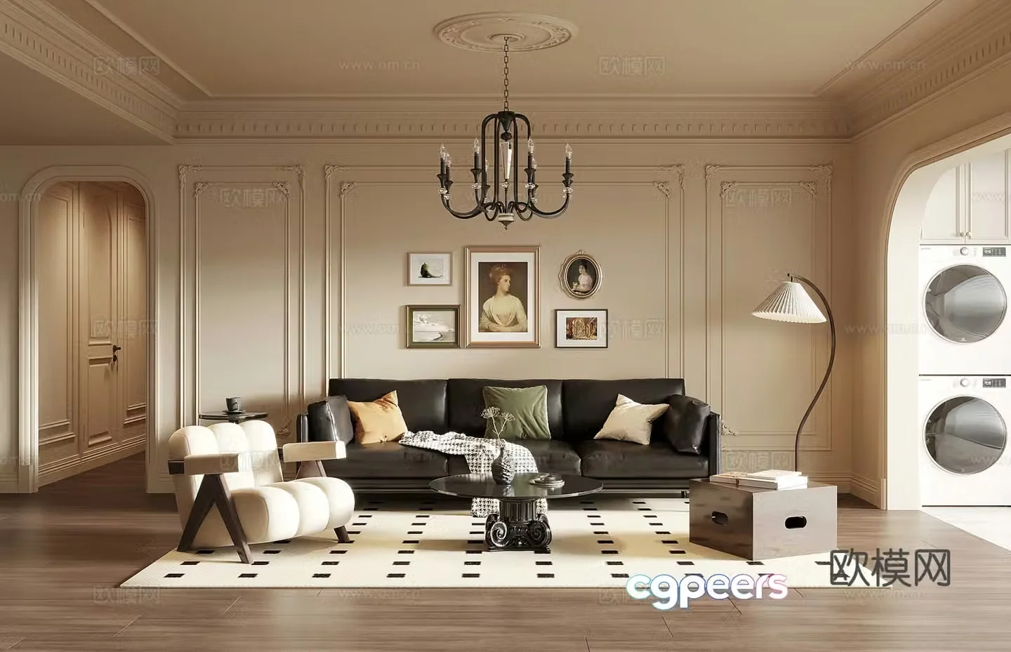 French medieval style living room sofa background wall sofa coffee table combination 3D model
