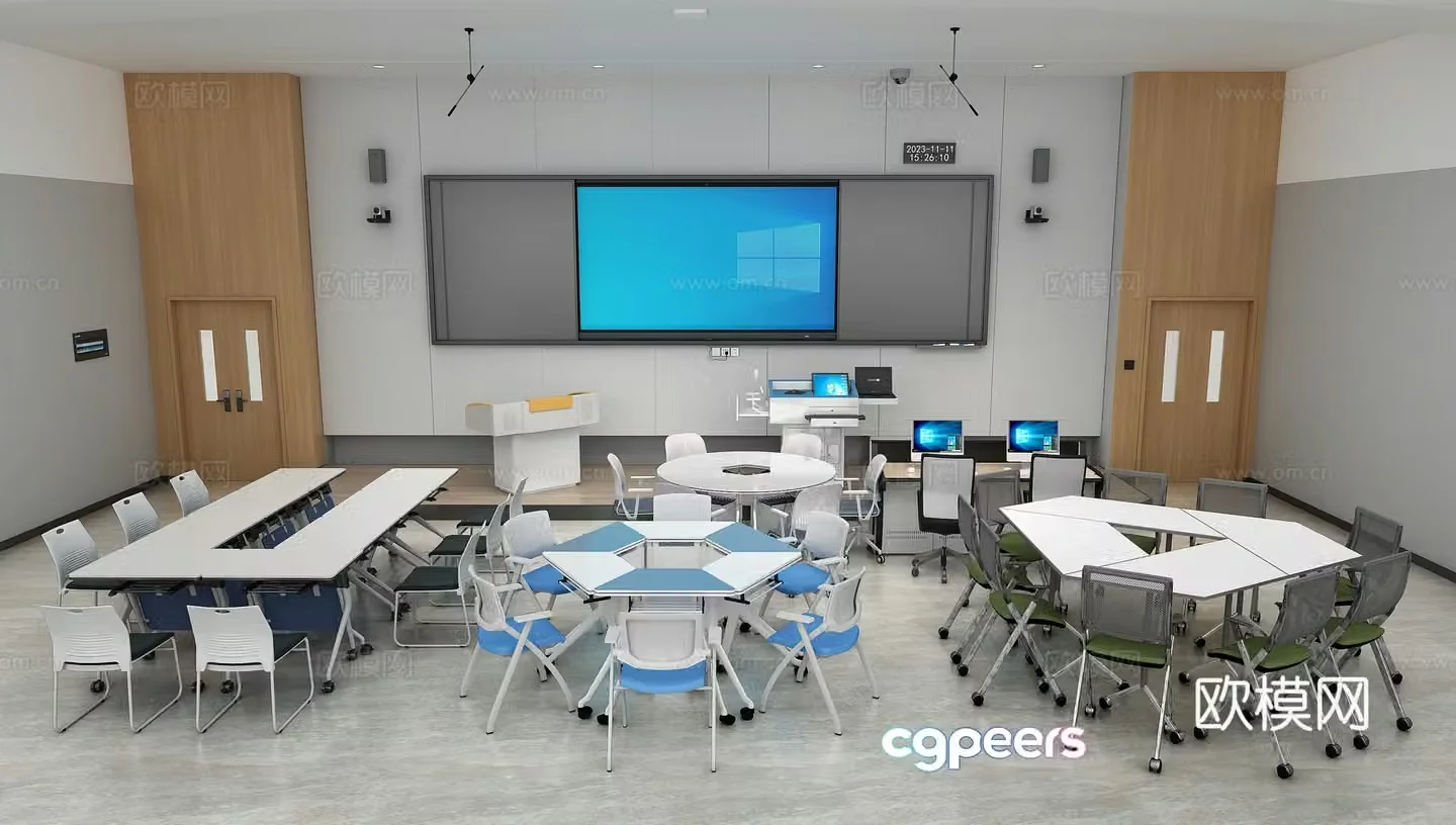 Multimedia classroom desk and chair combination 3D model