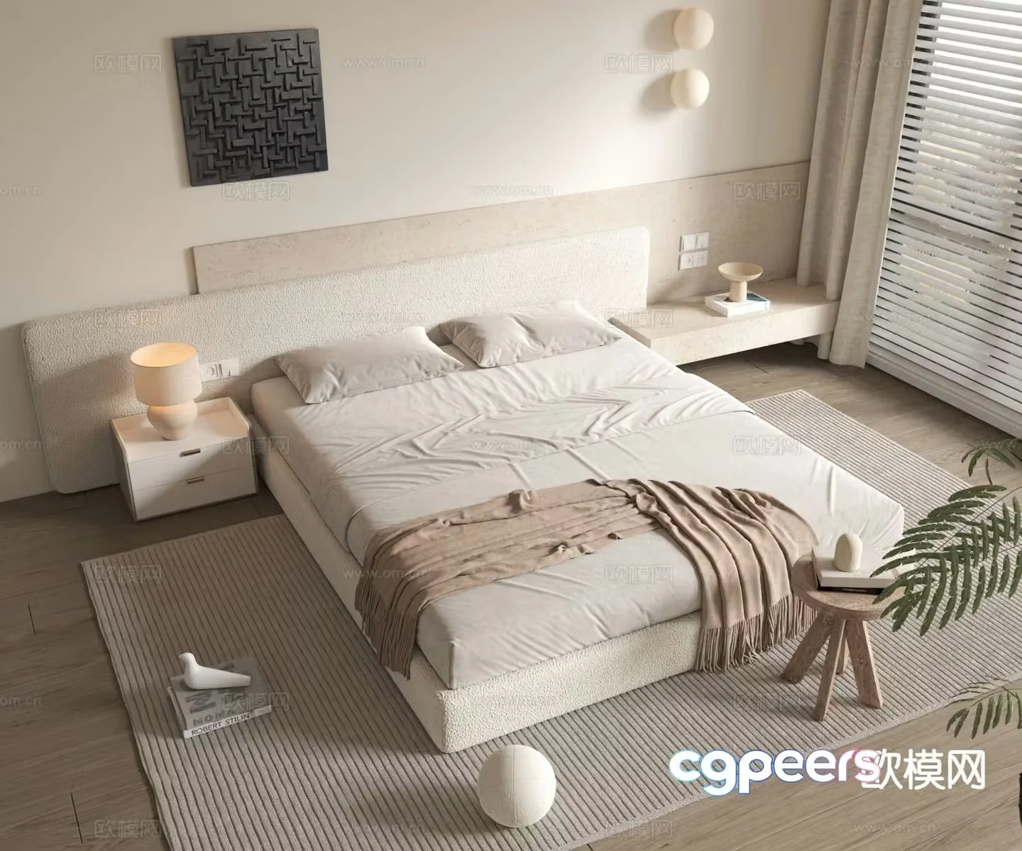 Wabi-sabi style double bed 3d model