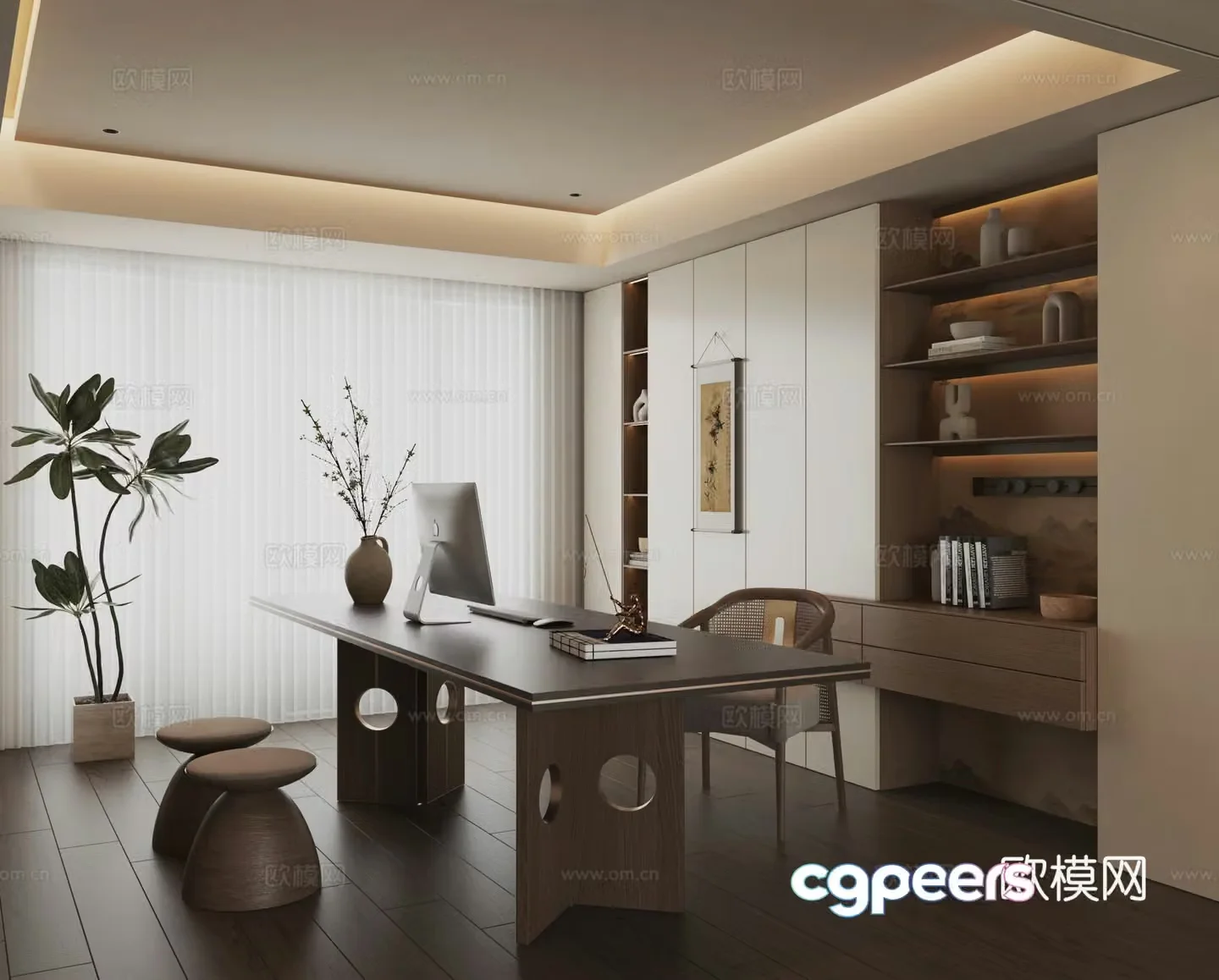 Song style study new Chinese style study medieval style study retro study bookcase combination 3D model