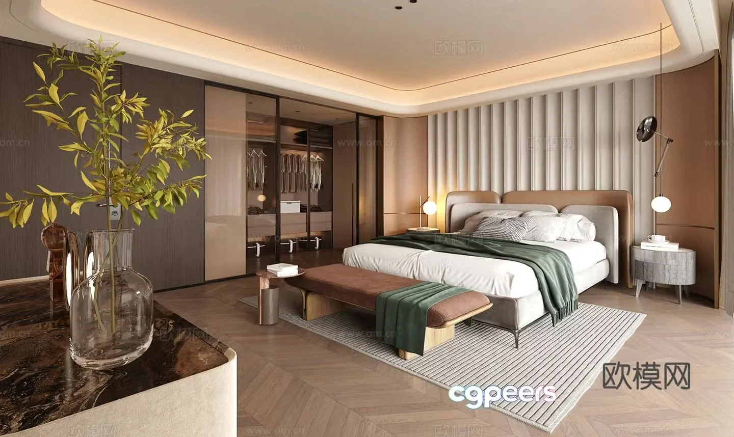 Modern Italian home bedroom Italian light luxury home bedroom Italian backrest double bed without owner light 3D model