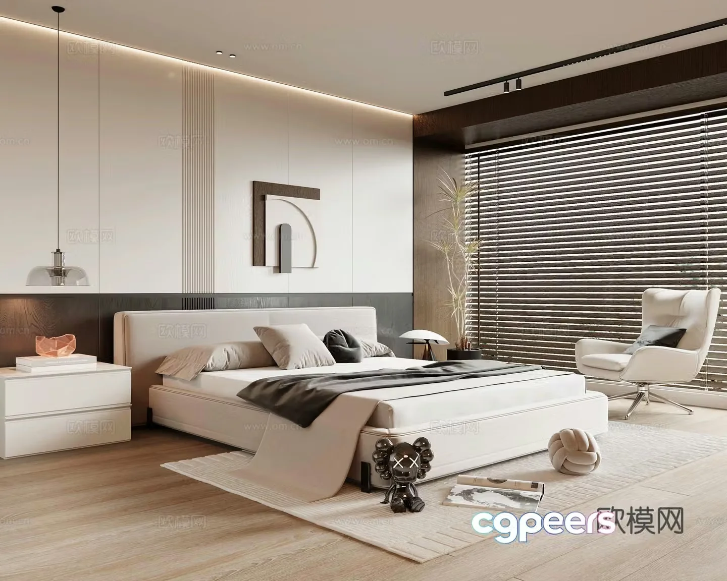 Italian bedroom minimalist master bedroom double bed nightstand wardrobe leisure chair 3d model
