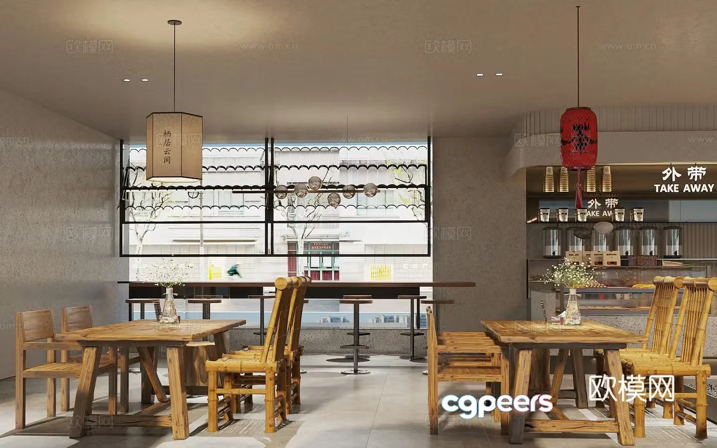 New Chinese milk tea shop cafe tea room tea house new Chinese dining table and chair combination milk tea operation table 3D model