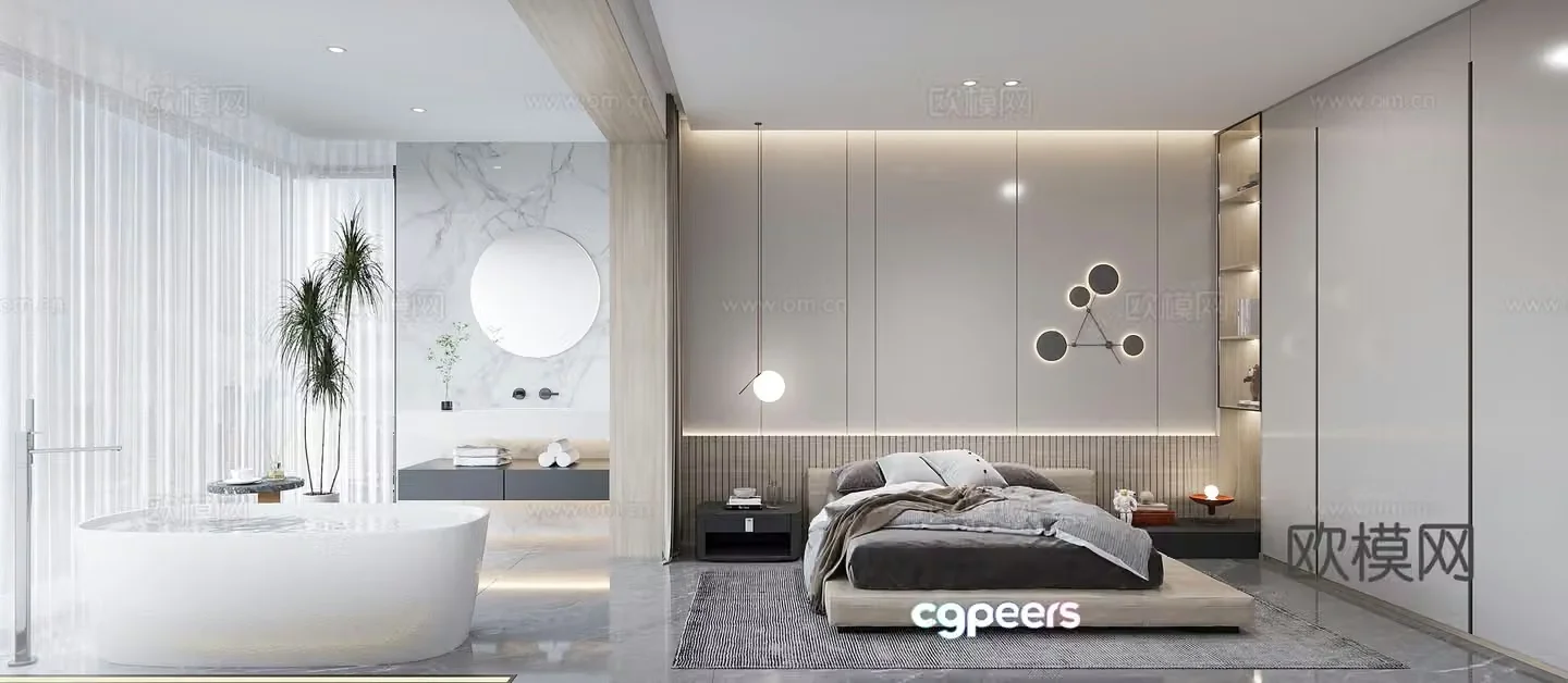3D model of modern master bedroom master bathroom