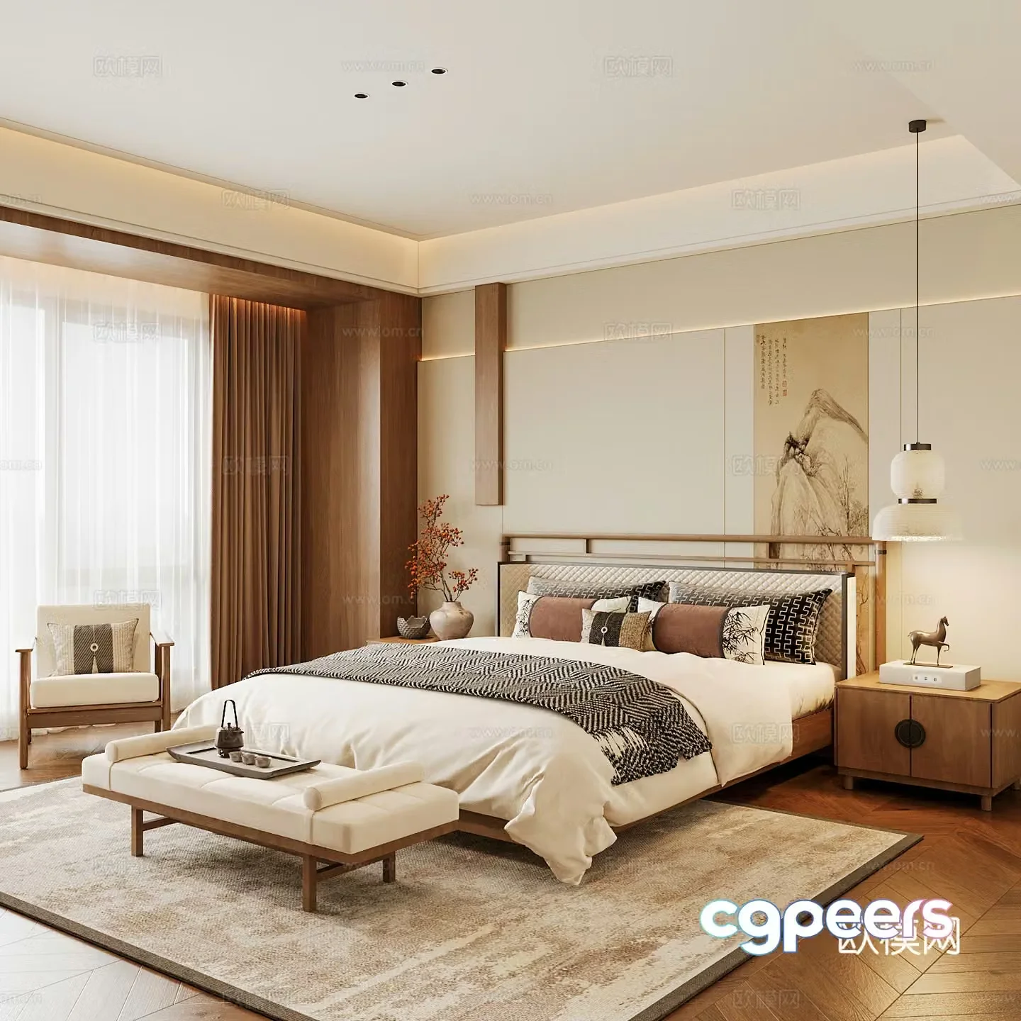 New Chinese style home bedroom Song family aesthetic bedroom Song style bedroom New Chinese style double bed 3D model