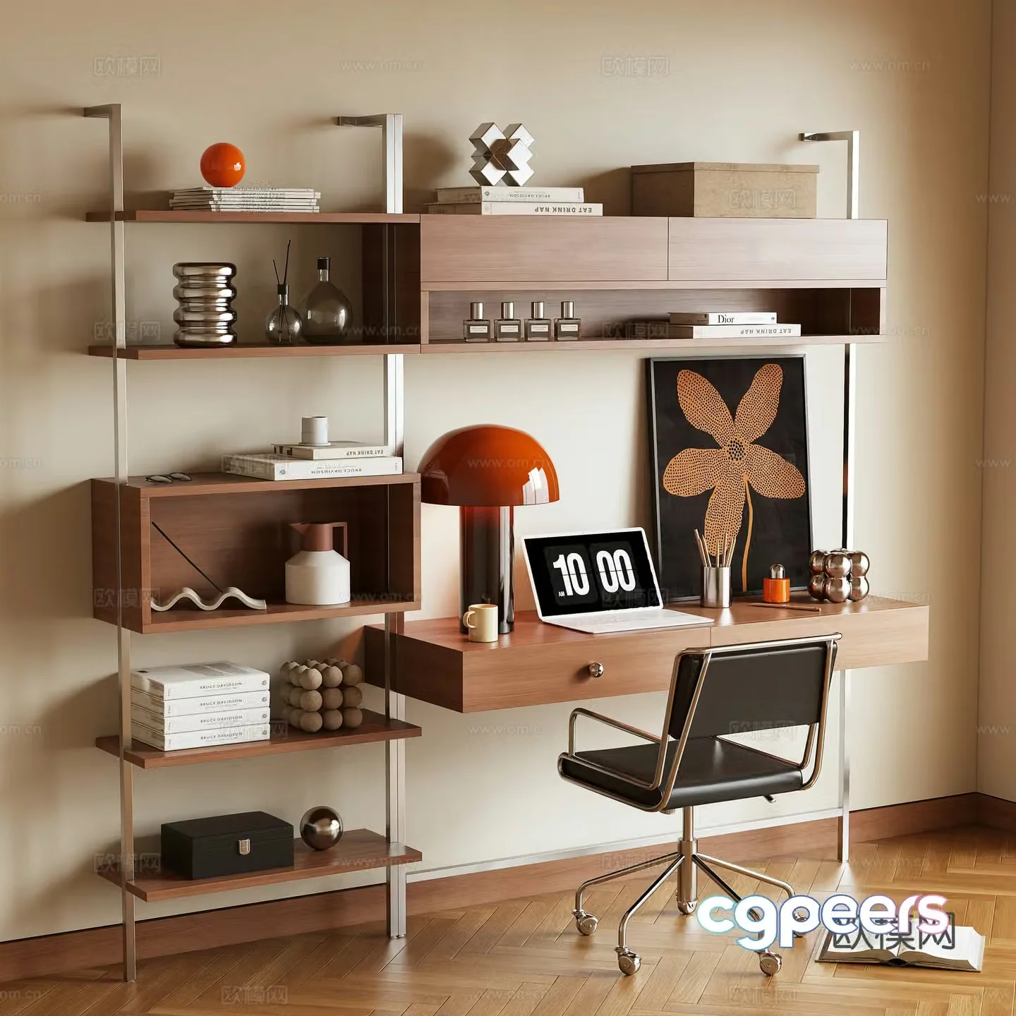 Middle-aged bookcase table and chair combination desk bookshelf 3D model
