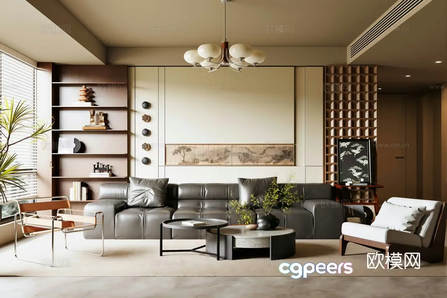 Wasabi Middle Style Living Room Sofa Background Wall Sofa Coffee Table Combination Chandelier 3D Model