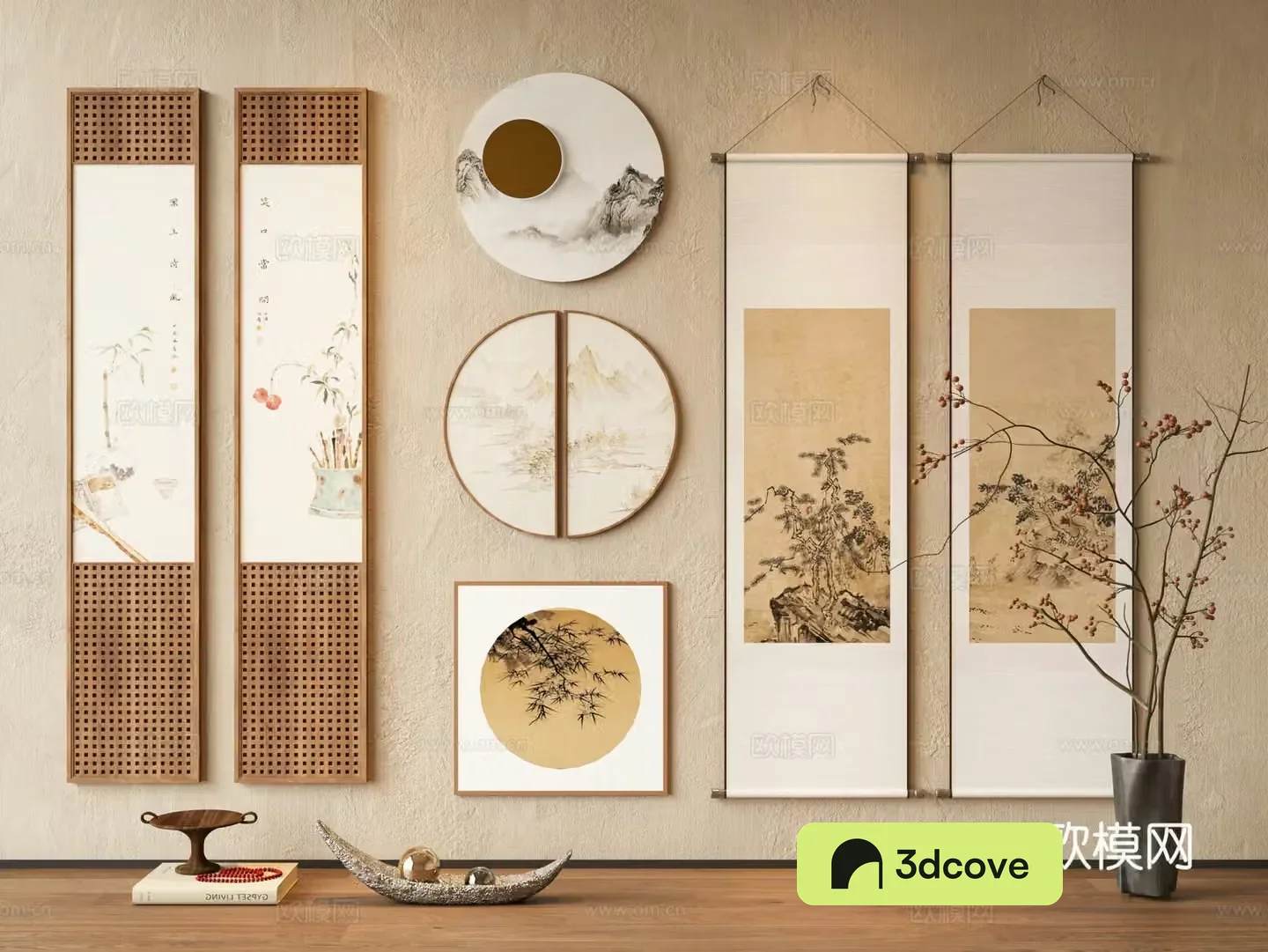 New Chinese style Zen hanging paintings New Chinese style decorative paintings Scroll paintings Entrance hanging paintings Living room hanging paintings 3D model of study