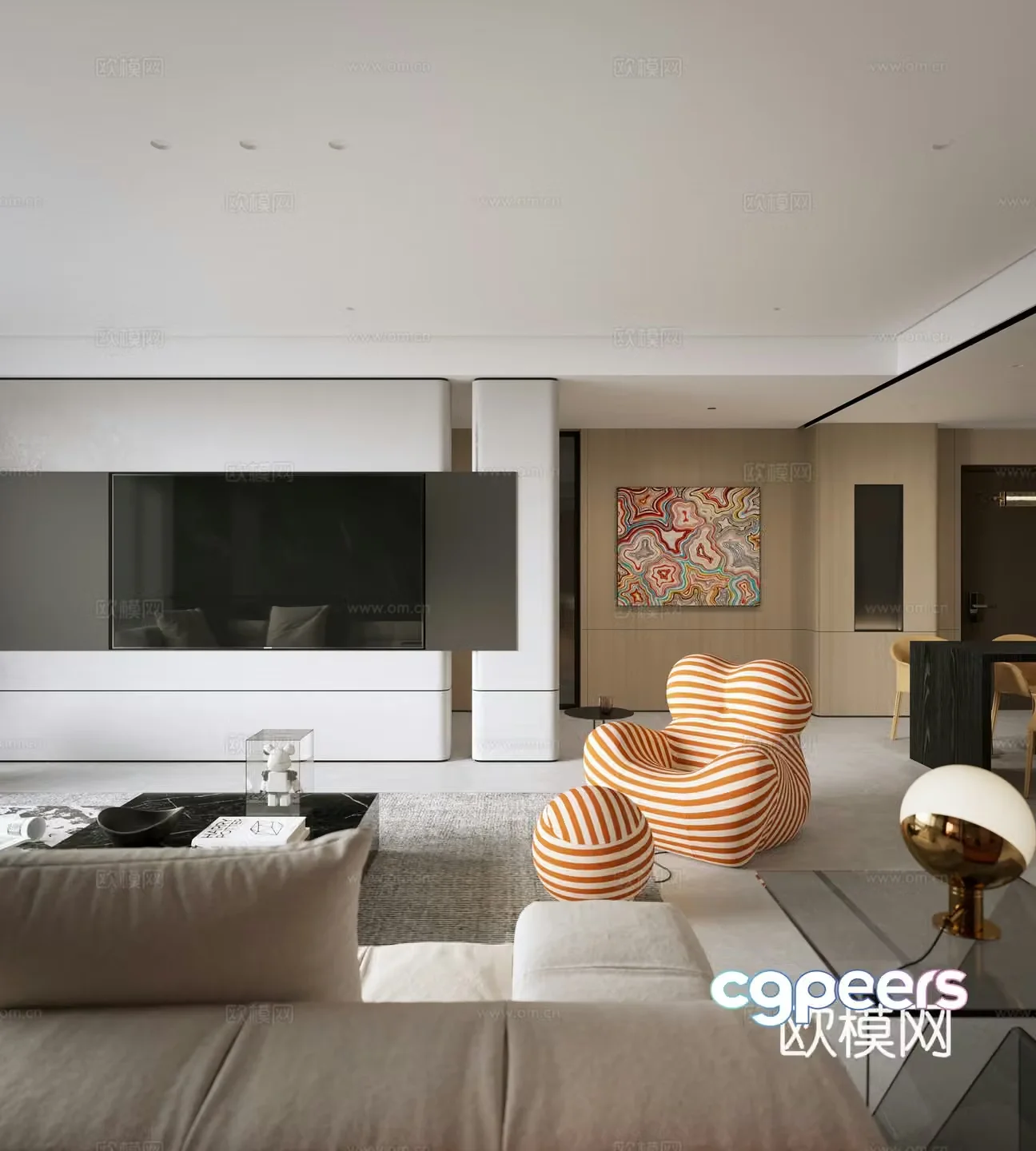 Modern living and dining room modern sofa and coffee table combination modern TV background wall living room without owner lights 3D model