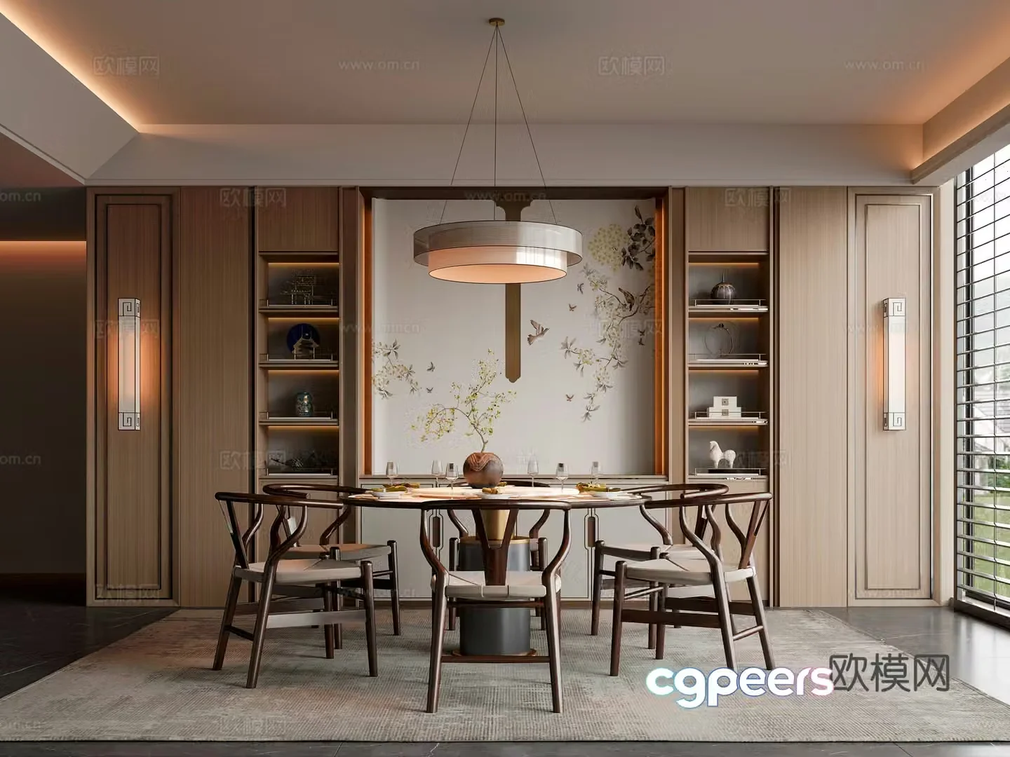New Chinese restaurant Dining table and chairs Sideboard Decorative cabinet Chandelier Song style 3D model