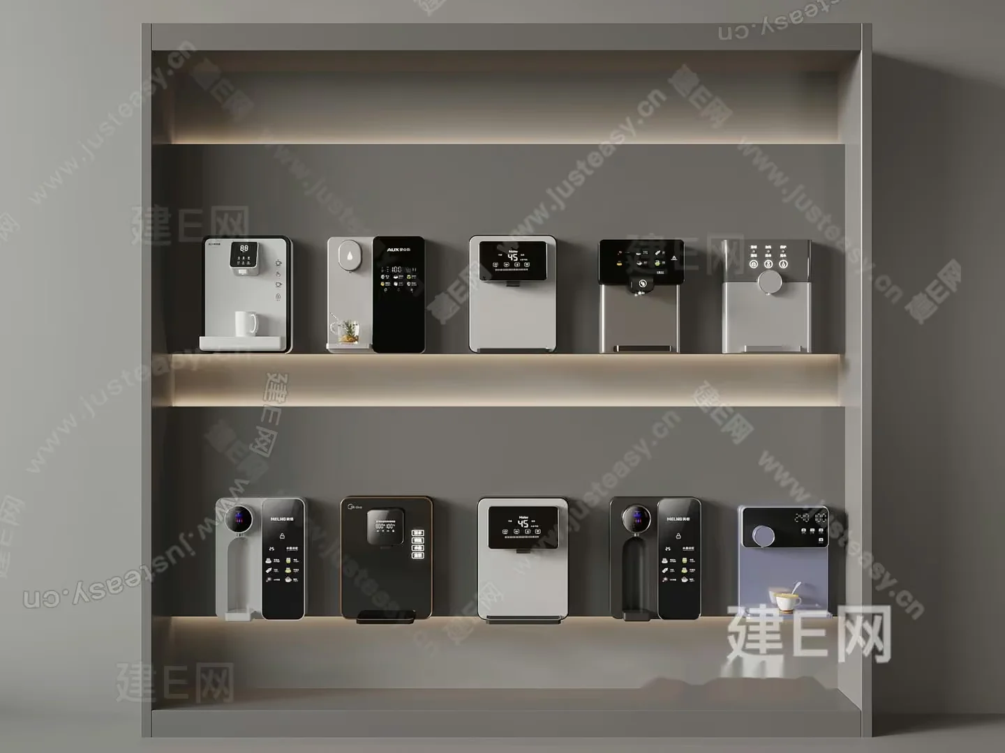A Shelf With Various Water Dispensers 3D Model – 1008 – VRAY Render
