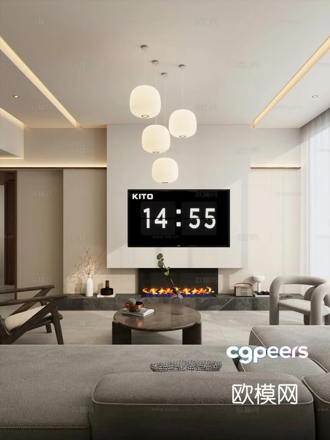 Cream Middle Style Inline Geometric Stacking Flame Fireplace Villa Living Room TV Wall 3D Model