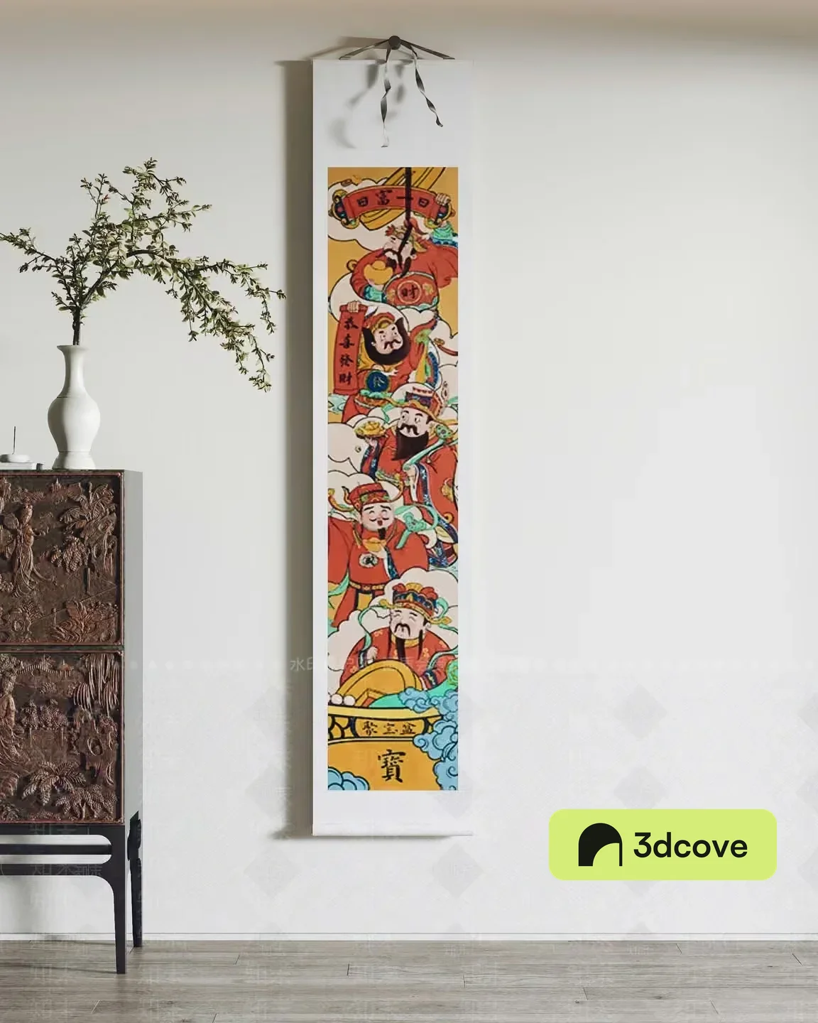 A Colorful Asian-Style Scroll Hangs On A Wall