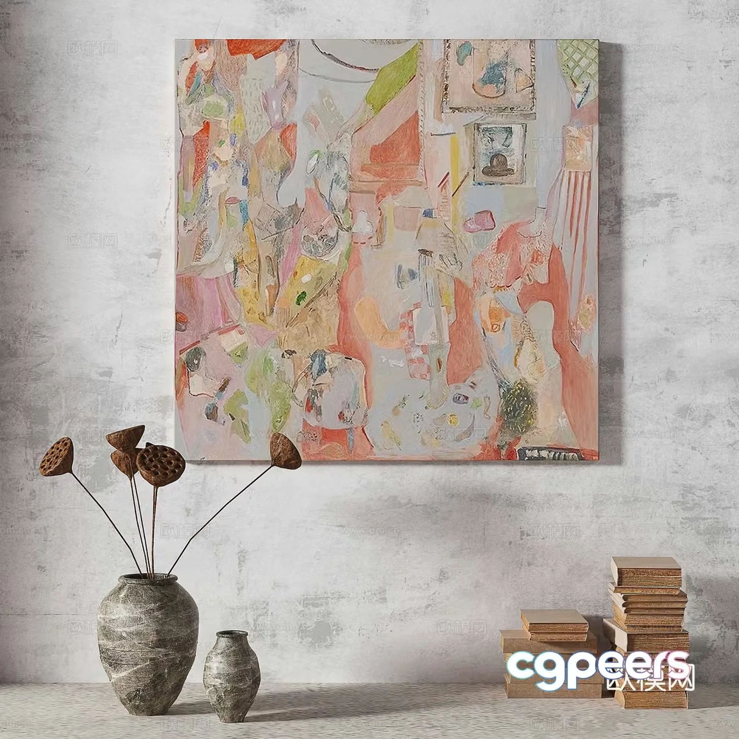 Modern light luxury wabi simple abstract three-dimensional retro medieval decorative painting 3d model
