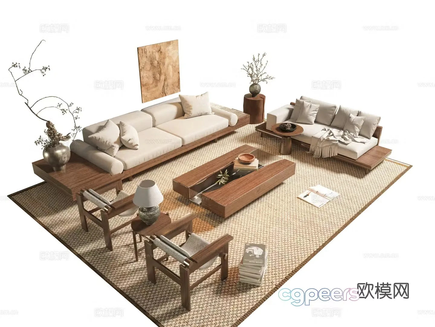 Wasabi Middle Style Sofa Coffee Table Combination Jewelry Ornaments Modern Sofa Combination Medium Style Decoration Painting 3D Model