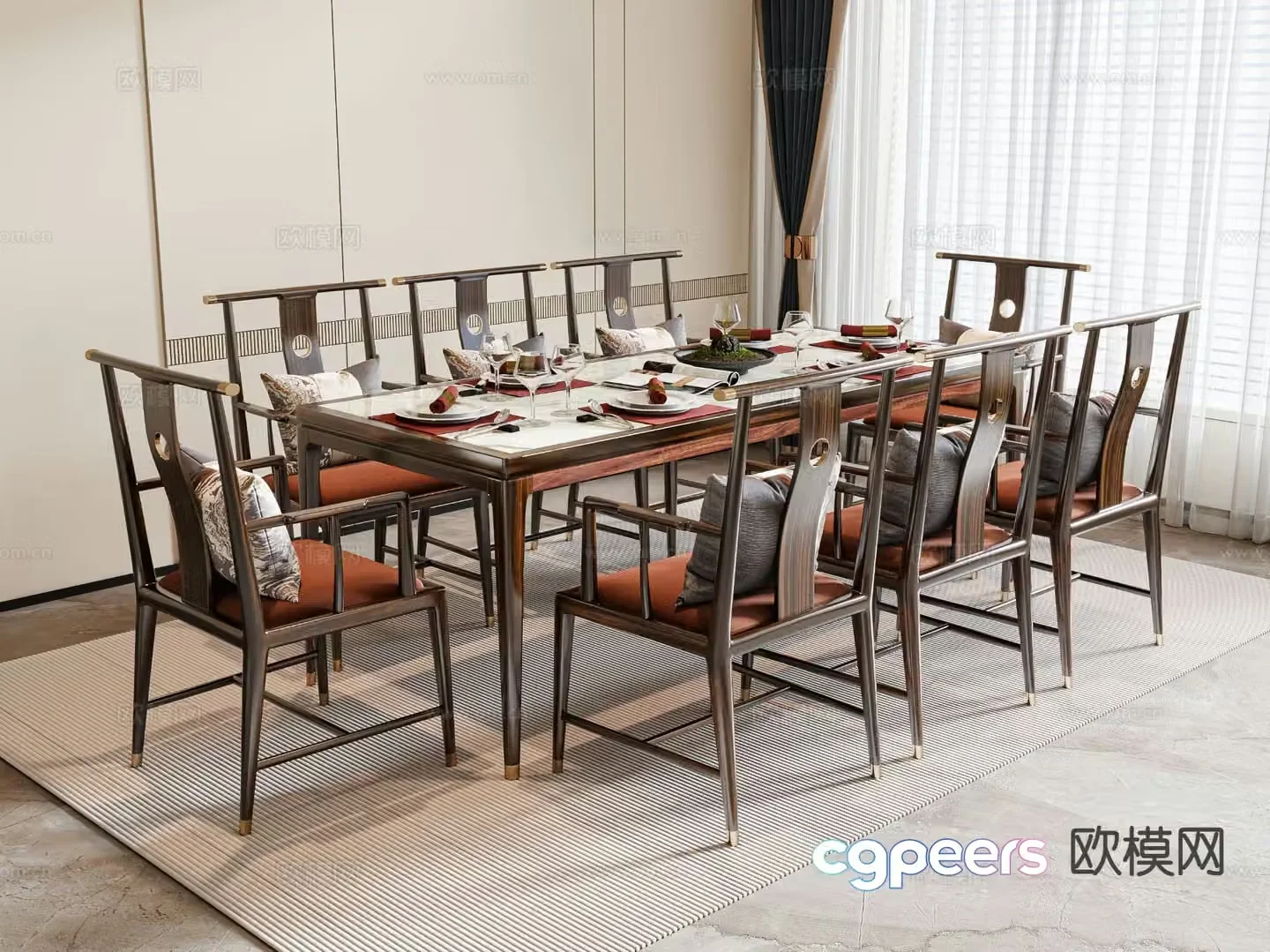 New Chinese dining table and chairs 3d model