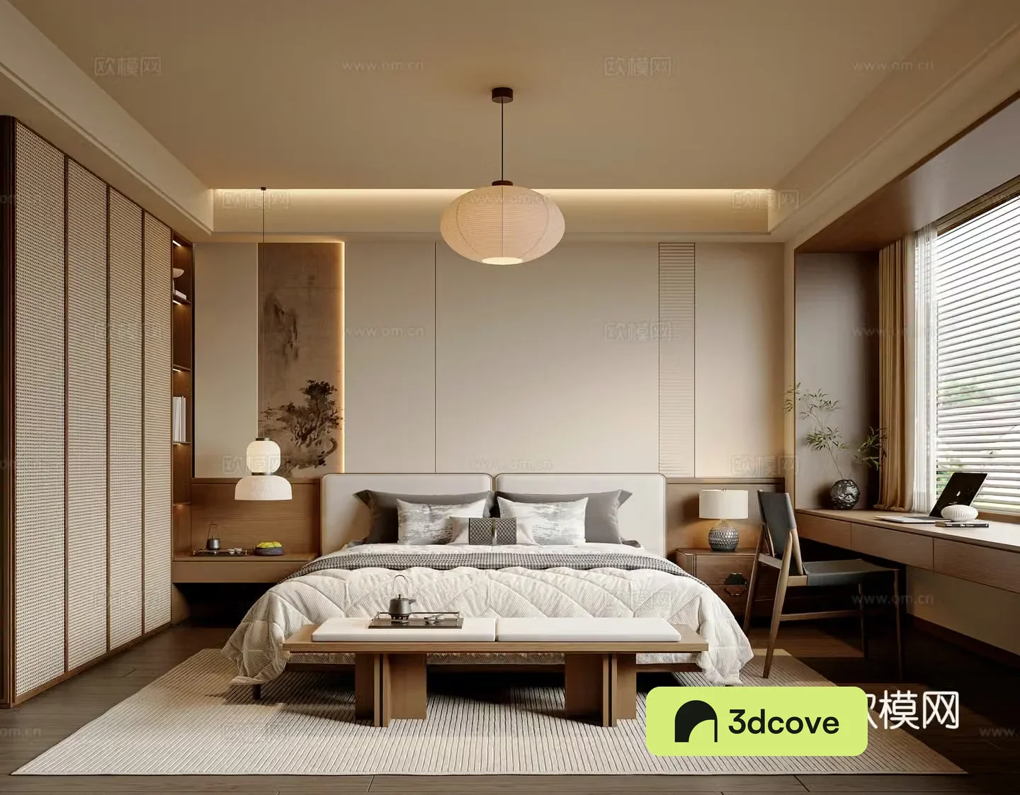 New Chinese style Song style bedroom fabric double bed book chair wardrobe bedroom desk and chair new Chinese style