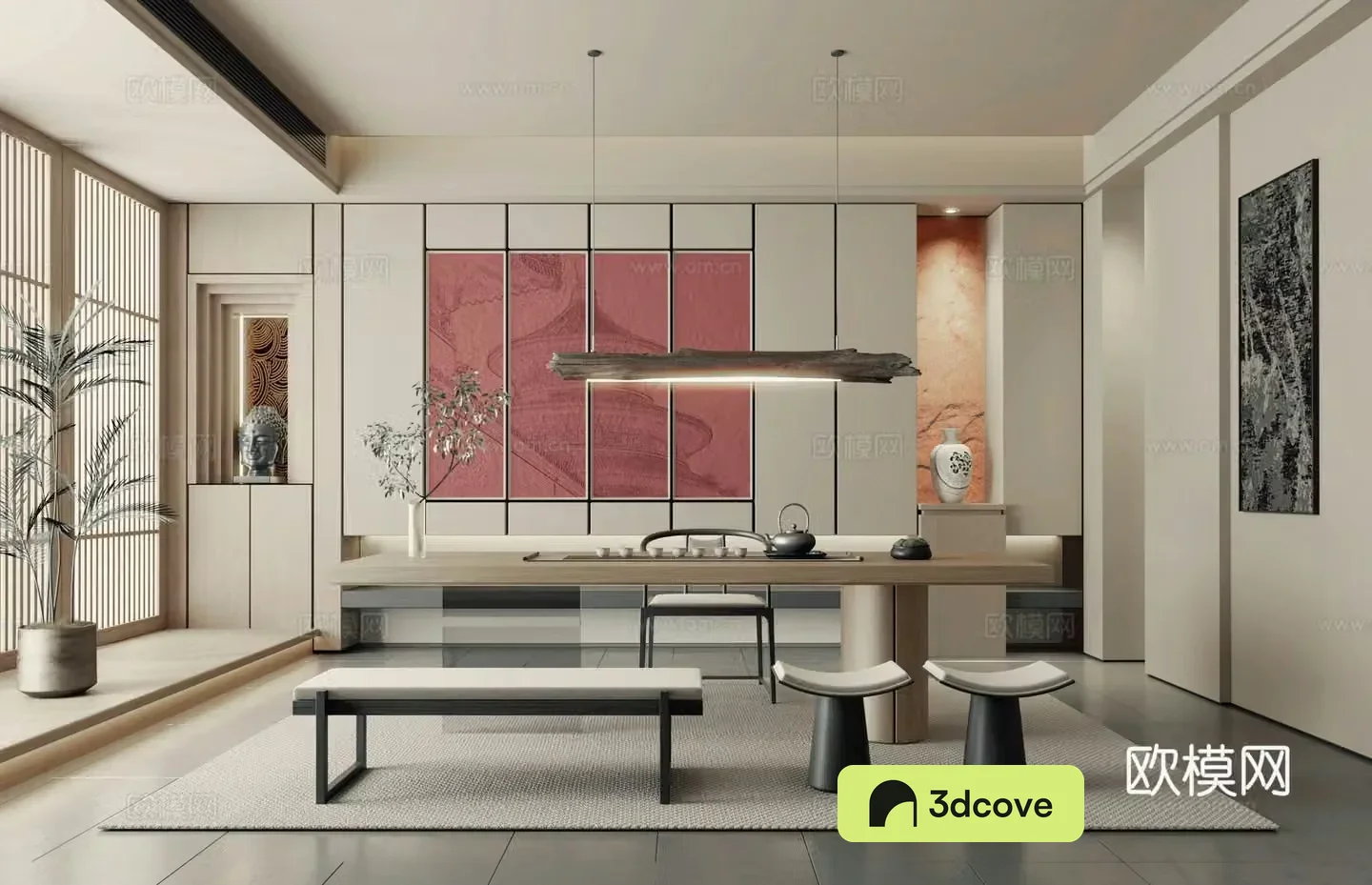 New Chinese style tea room background wall chandelier tea table and chair