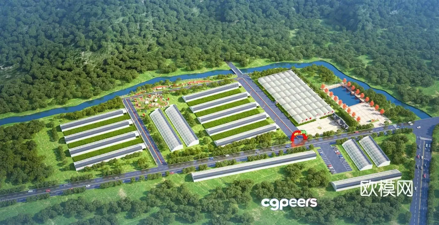 Aerial view architectural 3D model of modern greenhouse