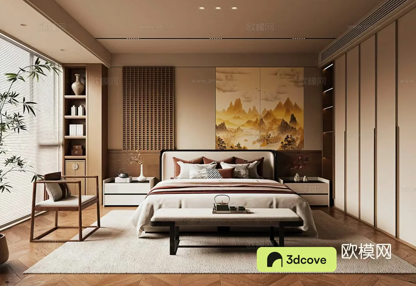 New Chinese style bedroom bedside background wall wardrobe single sofa double bed bedside table