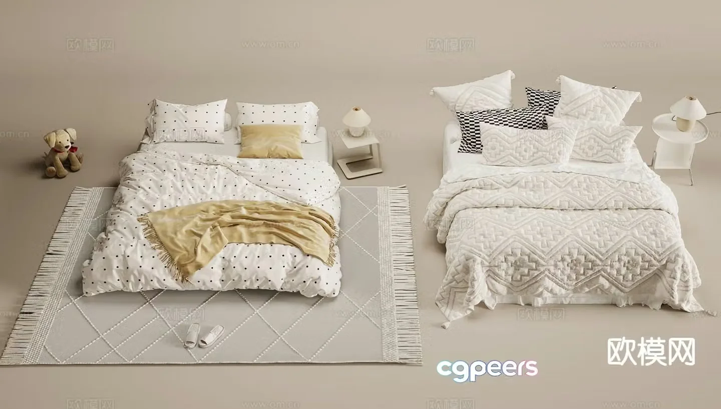 Cream style double bed bedding 3d model