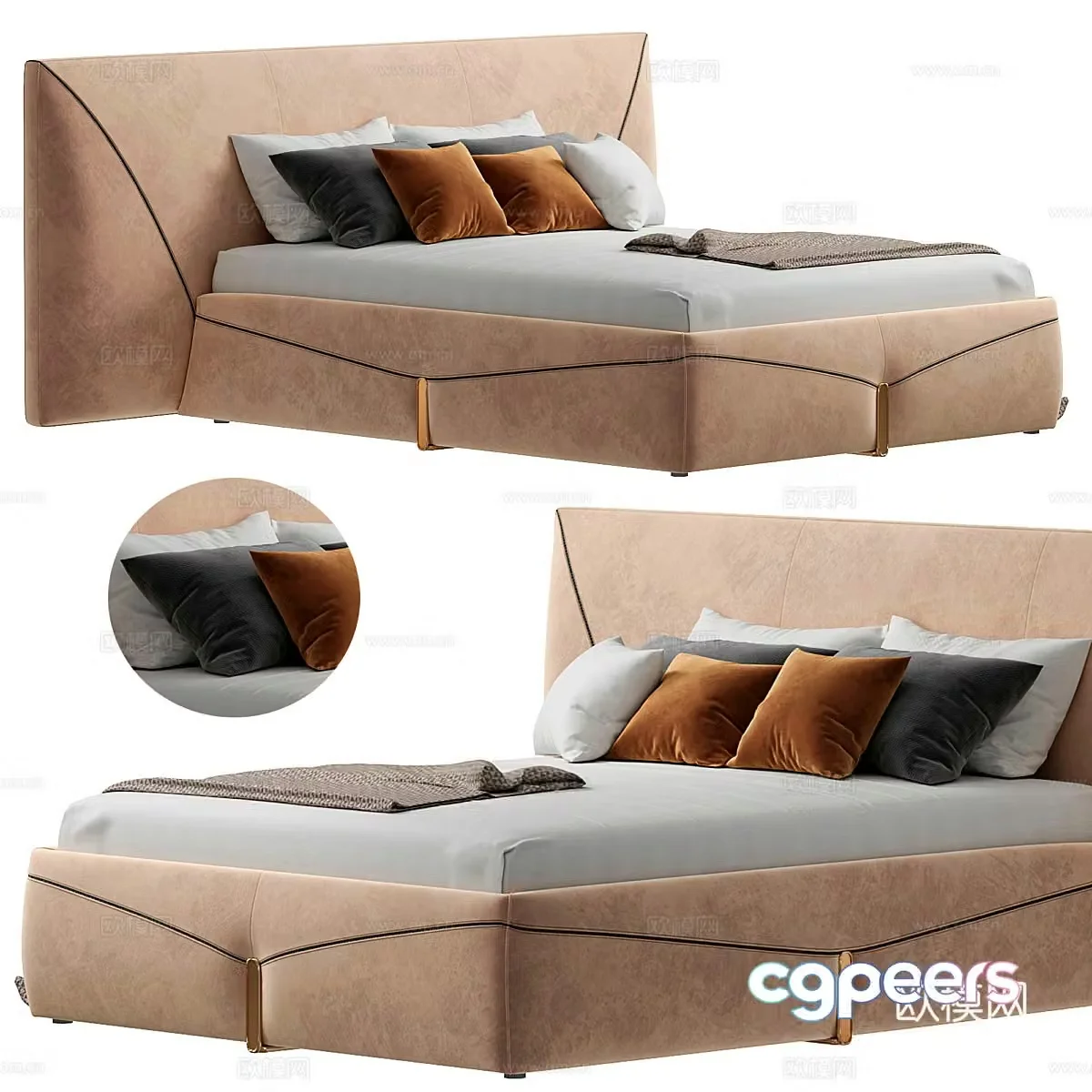 Modern light luxury Bastian fabric double bed 3D model