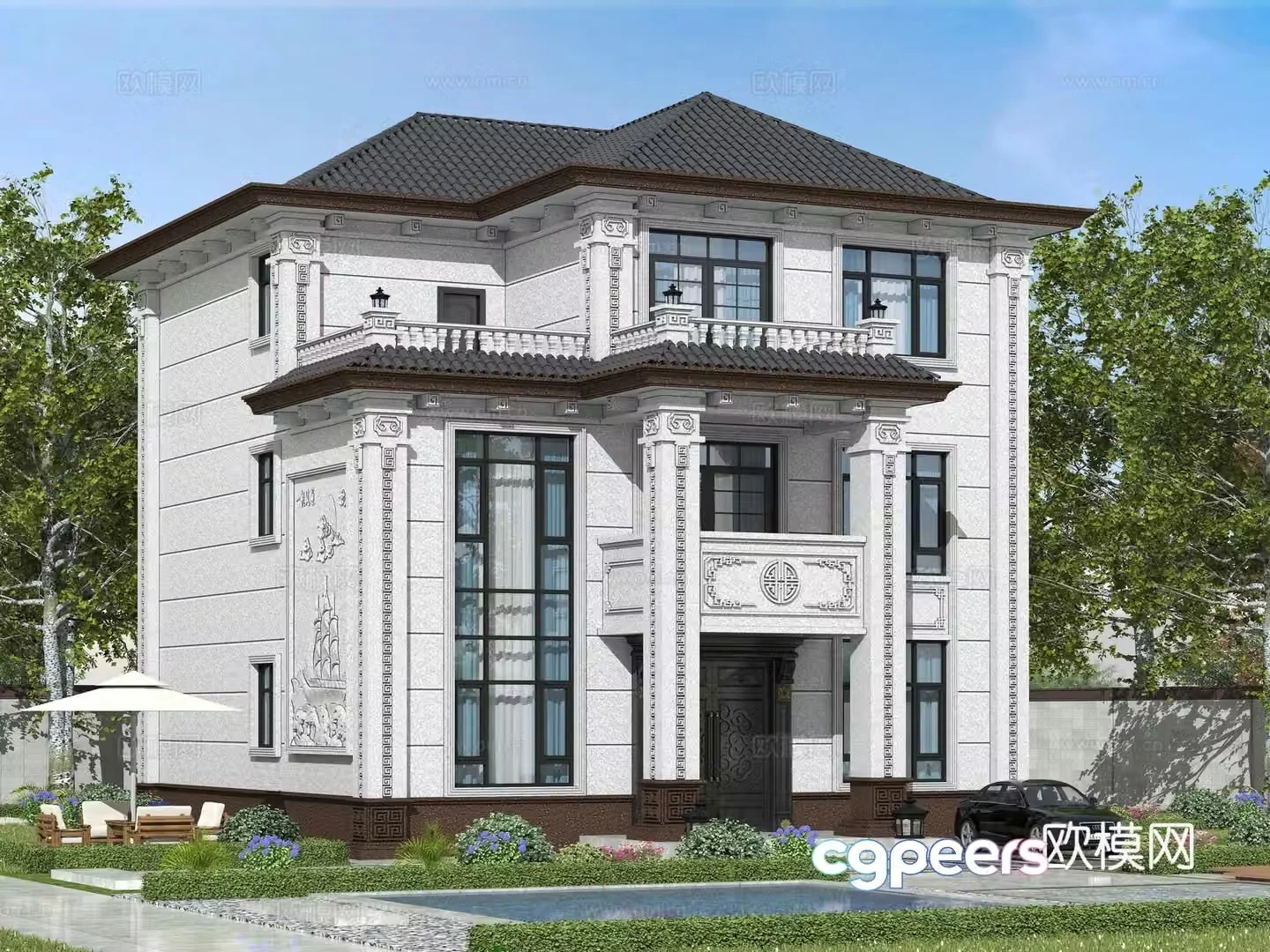 Chinese style single-family villa appearance 3D model