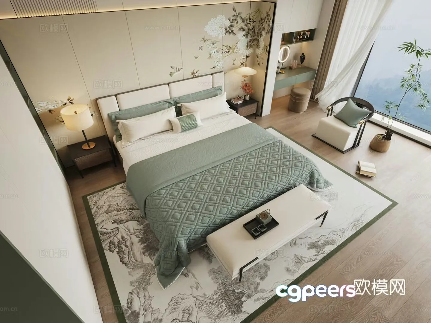 New Chinese style double bed 3d model
