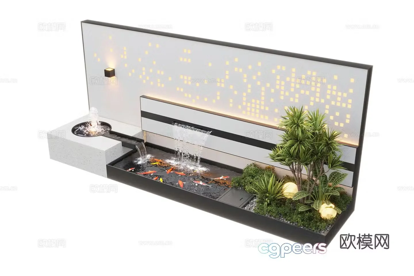 Modern courtyard waterscape waterscape wall stacked water landscape plants fish pond 3d model