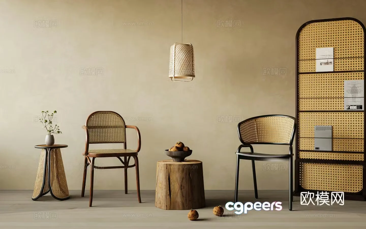 Chair combination Wasabi Middle Ages Chair Rattan Chandelier Rattan Chair Rattan Furniture 3D Model