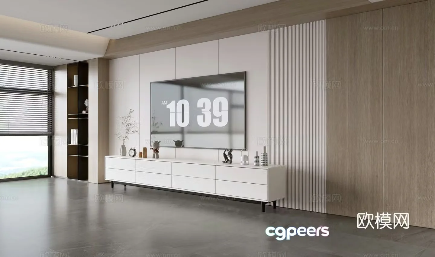 Modern simple living room light luxury TV background wall full wall TV cabinet wooden veneer background wall 3d model