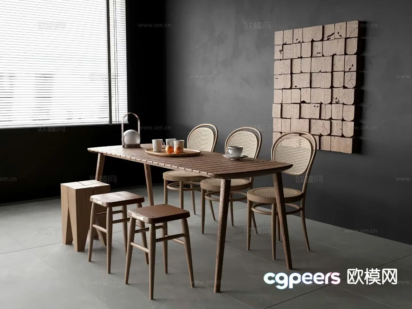 Wabi Sabi long dining table and chairs 3D model