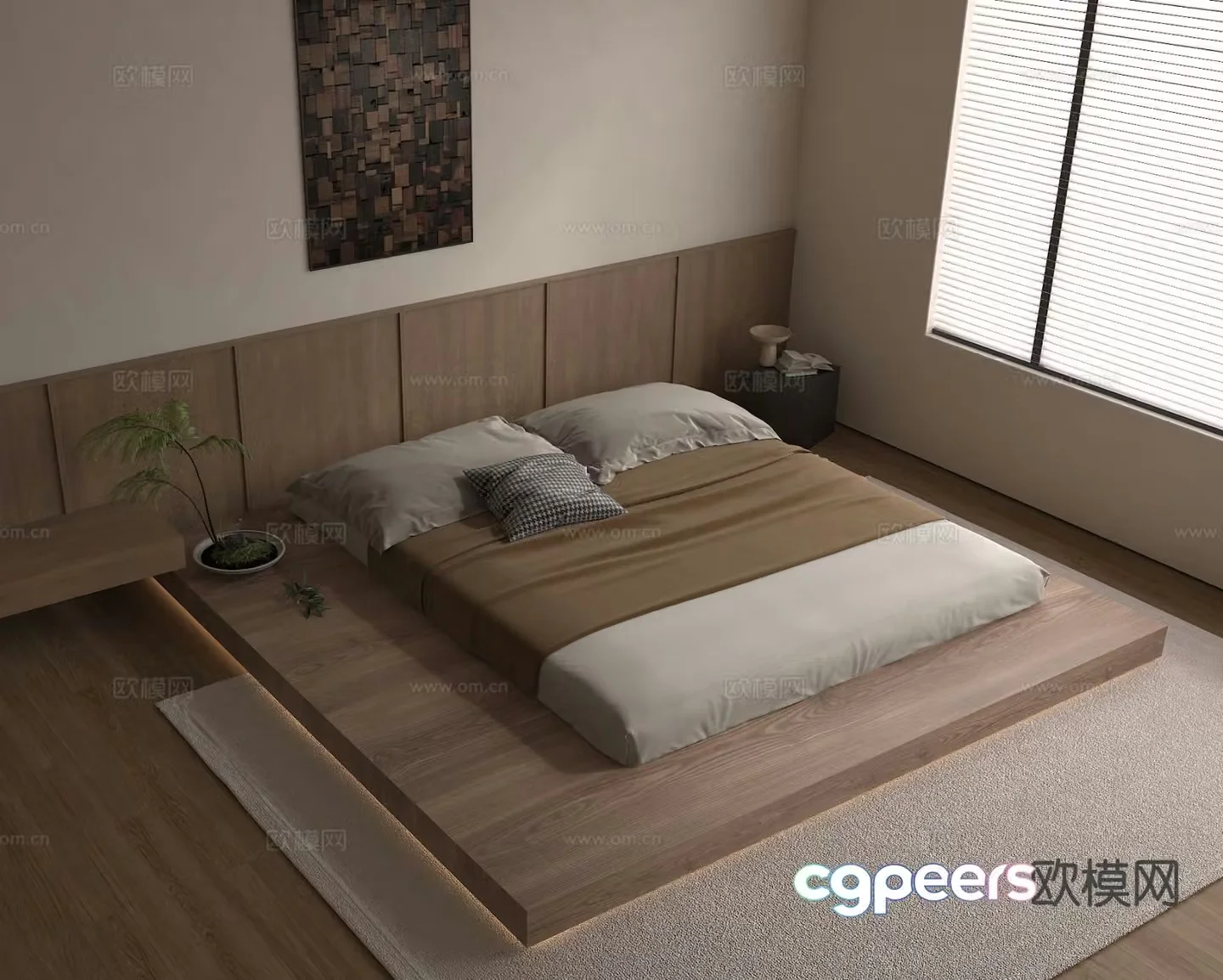 Wabi-sabi style solid wood double bed tatami suspended bed 3d model
