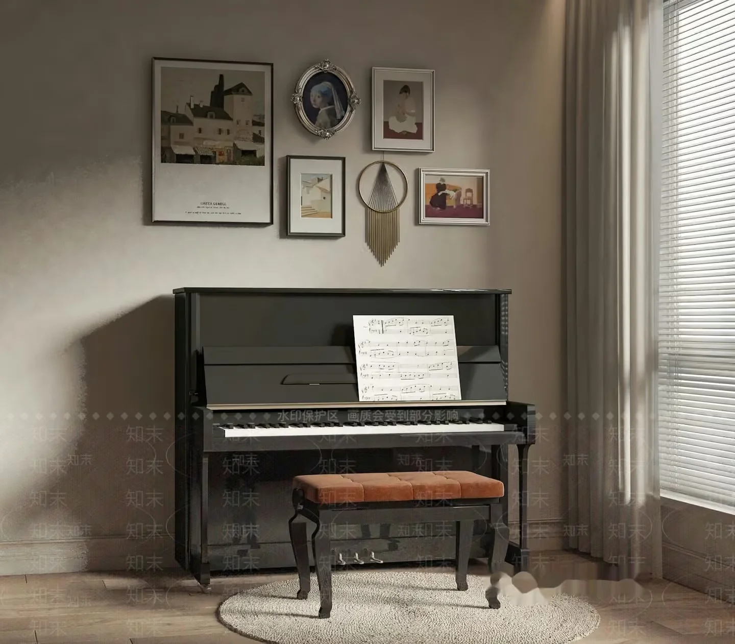 A Black Piano With A Brown Bench 3D Model – 3493 – VRAY Render