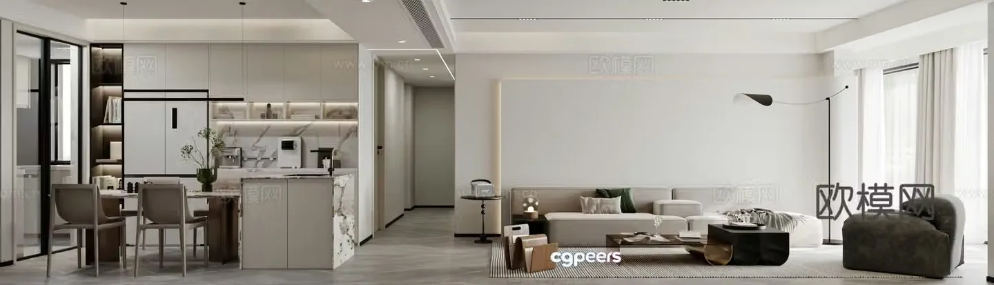Modern minimalist living and dining room 3D model