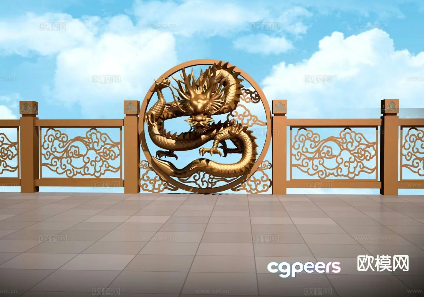 Chinese style coiled dragon column head sculpture 3D model